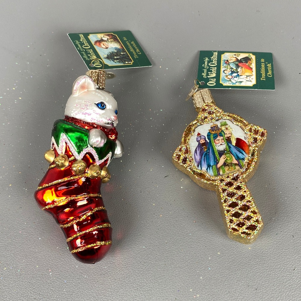 2 Old World Christmas Glass Ornaments Cat in Stocking & Celtic Cross Wise Men